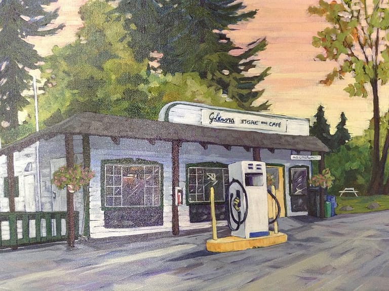 A painting of the Glenora Store and Cafe.